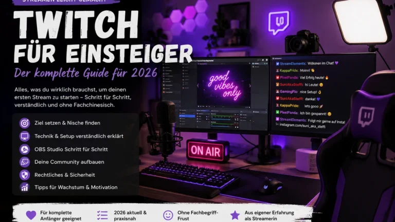 Streaming-Setup mit Monitoren, Mikrofon und violetter Beleuchtung für Twitch-Einsteiger