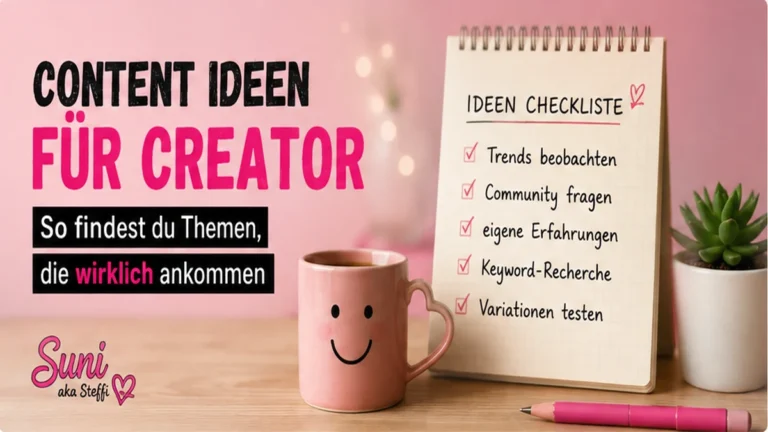 Rosa Creator-Schreibtisch mit Notizbuch und Ideen-Checkliste für neue Inhalte