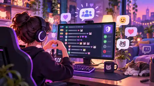 Streamer moderiert einen freundlichen Twitch-Chat mit Community-Symbolen